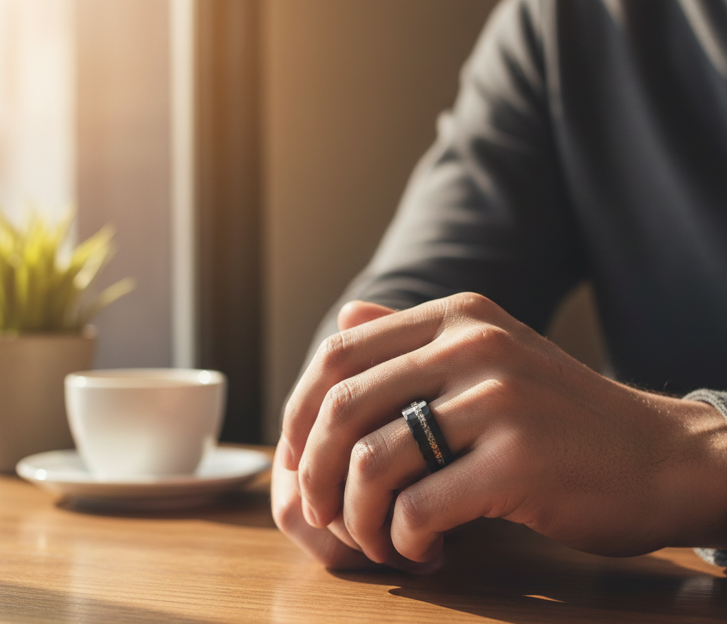 Obsidian Relic Black Tungsten Ring with Crushed Meteorite Inlay