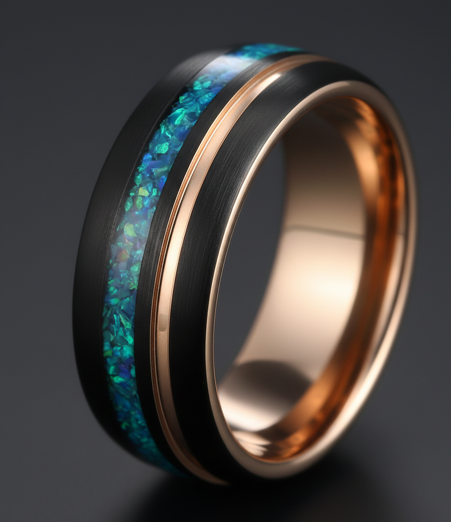 Eternal Tide Black & Rose Gold Plated Tungsten Ring with Opal Inlay