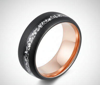 Celestial Forge Black & Rose Gold Tungsten Ring with Meteorite Shavings Inlay