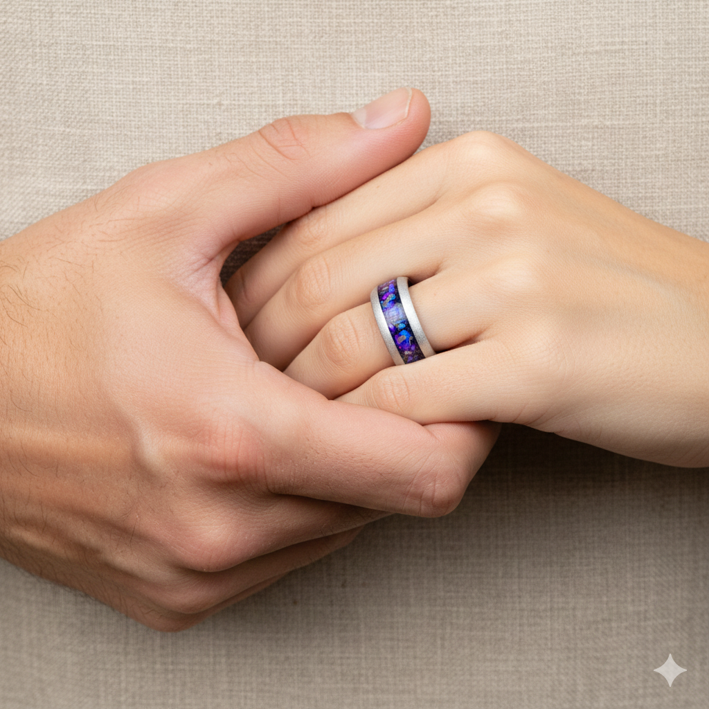 Stellar Drift Sandblasted Silver Tungsten Ring with Nebula Inlay