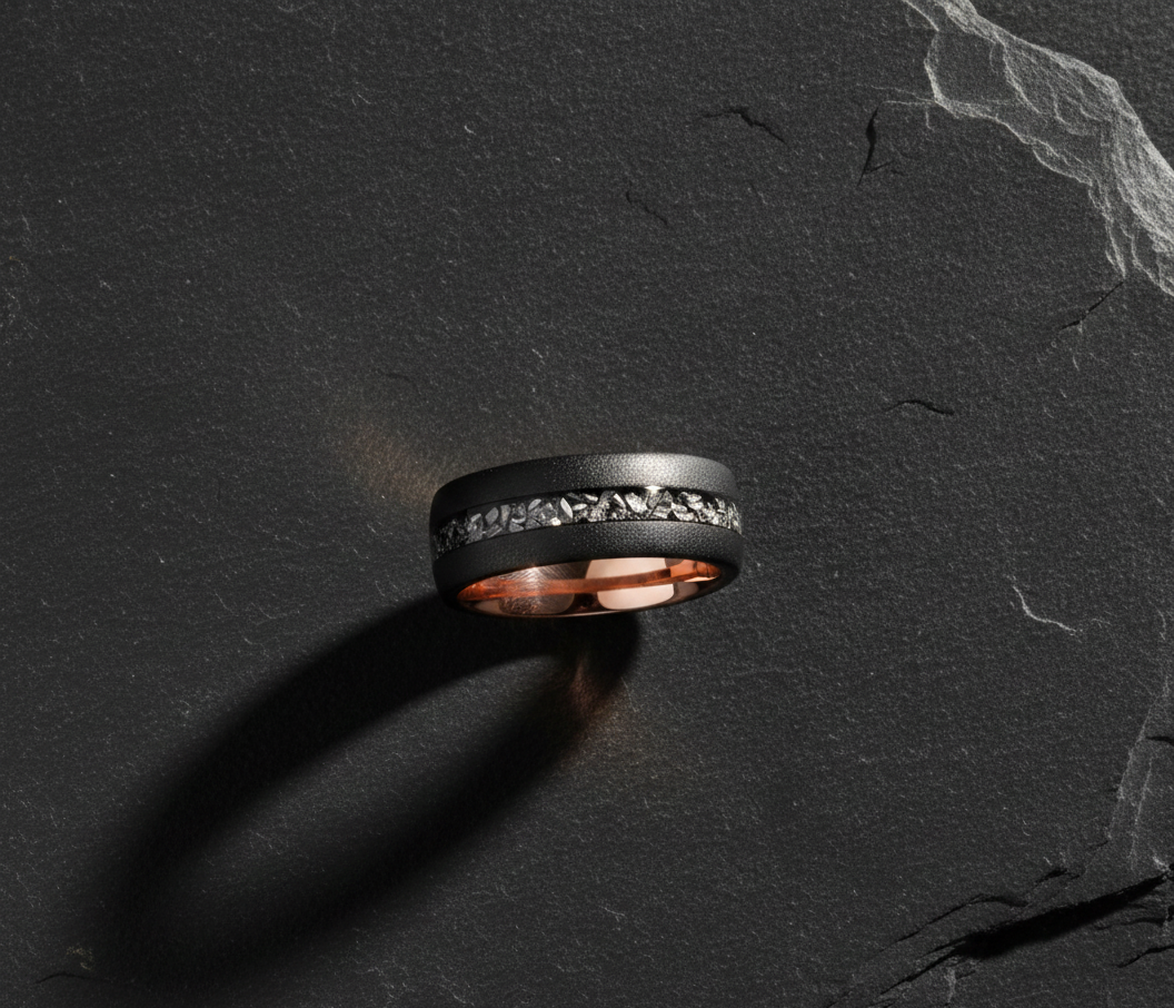 Celestial Forge Black & Rose Gold Tungsten Ring with Meteorite Shavings Inlay