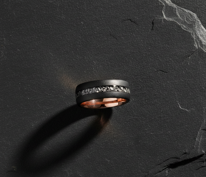 Celestial Forge Black & Rose Gold Tungsten Ring with Meteorite Shavings Inlay