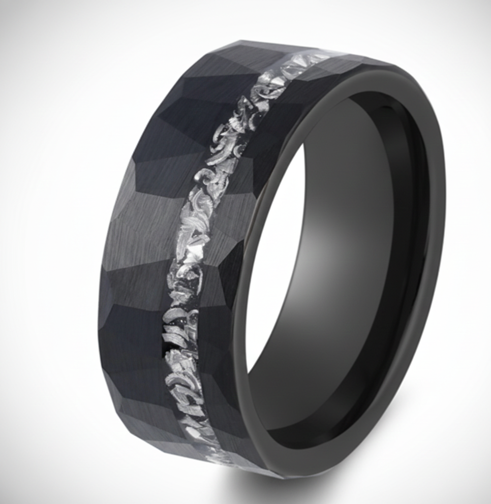 Obsidian Relic Black Tungsten Ring with Crushed Meteorite Inlay