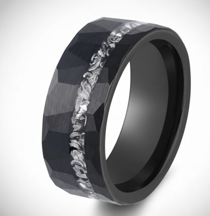 Obsidian Relic Black Tungsten Ring with Crushed Meteorite Inlay