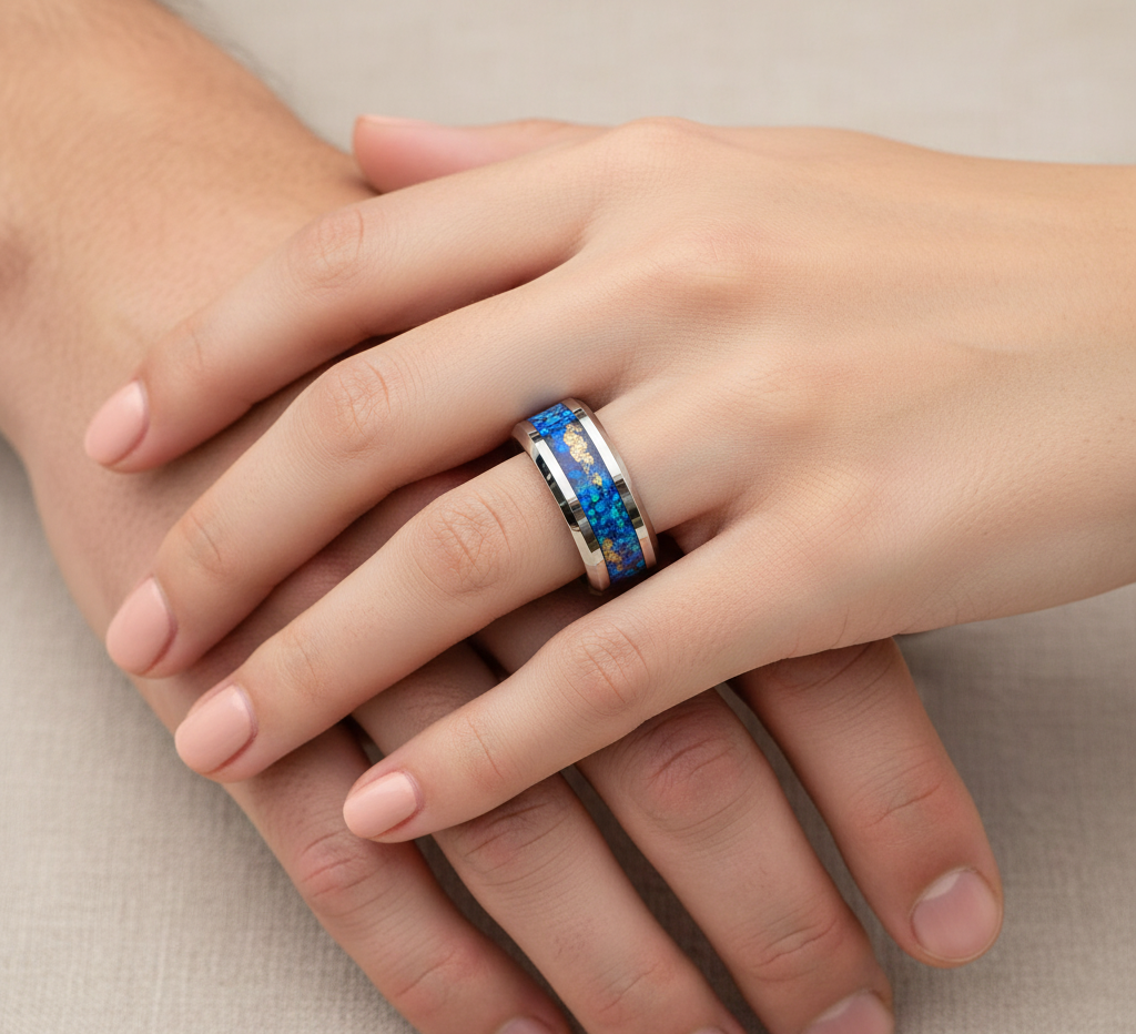 Aurora Gilded Opal Tungsten Ring with Gold Leaf Inlay