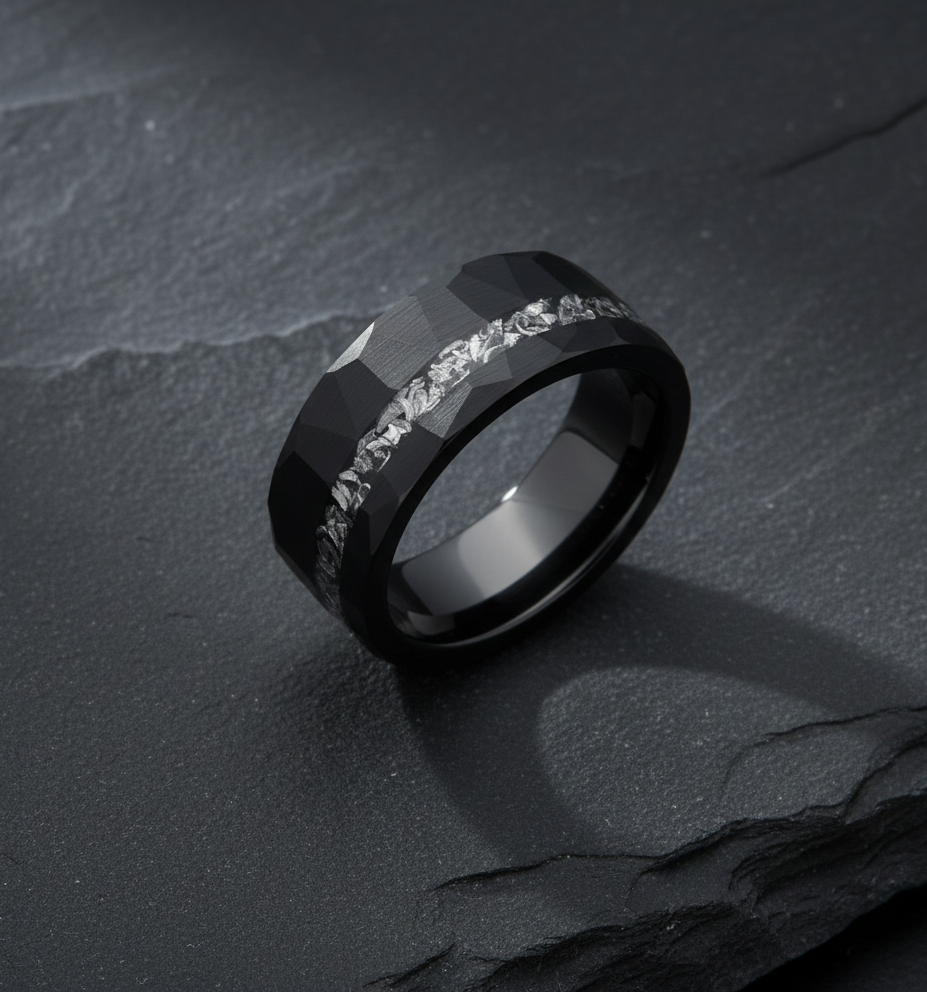 Obsidian Relic Black Tungsten Ring with Crushed Meteorite Inlay
