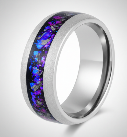 Stellar Drift Sandblasted Silver Tungsten Ring with Nebula Inlay