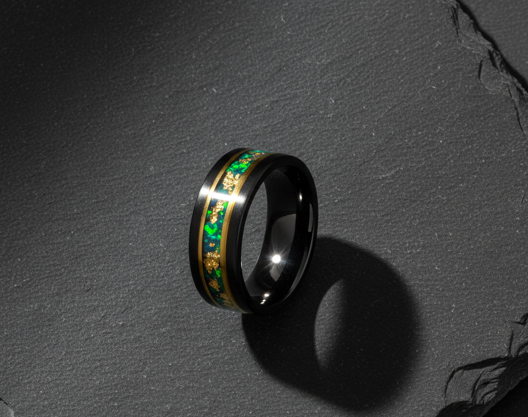 Nocturne Gilded Black & Rose Gold Tungsten Ring with Stone and Gold Leaf Inlay