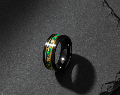 Nocturne Gilded Black & Rose Gold Tungsten Ring with Stone and Gold Leaf Inlay