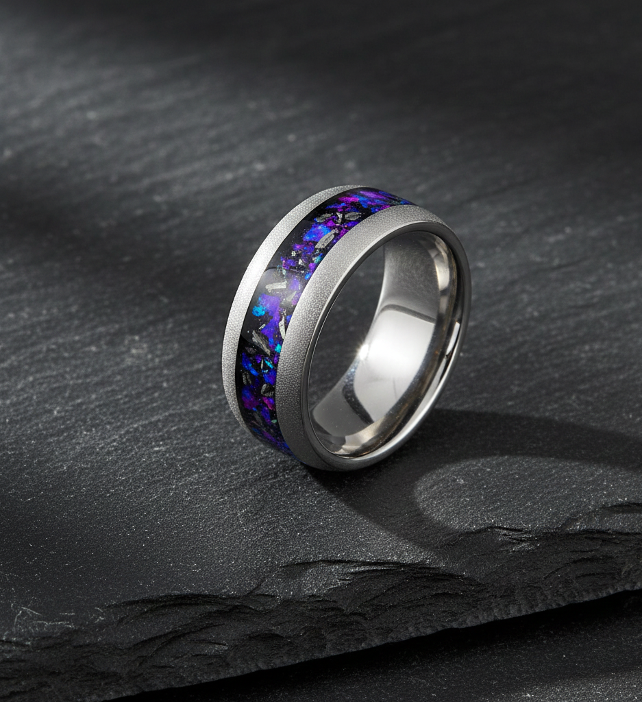 Stellar Drift Sandblasted Silver Tungsten Ring with Nebula Inlay