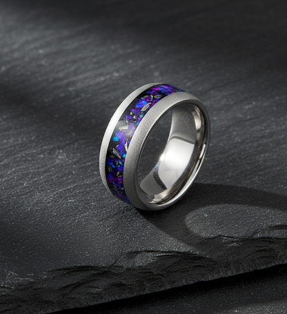 Stellar Drift Sandblasted Silver Tungsten Ring with Nebula Inlay
