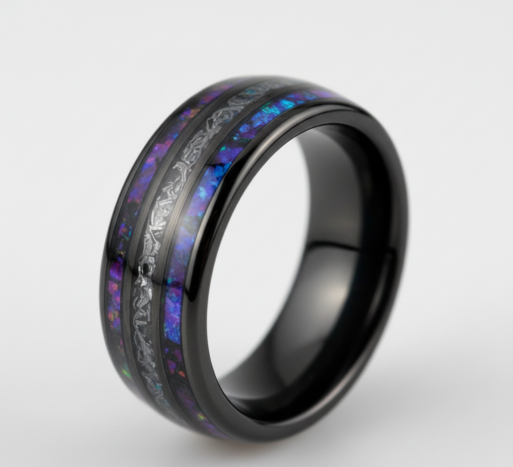 Celestial Dominion Gunmetal Tungsten Ring with Dual Nebula Galaxy Inlay and Meteorite Core