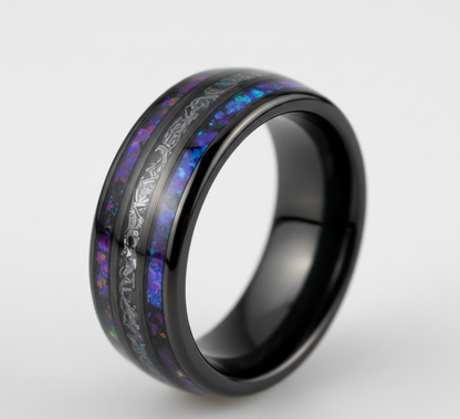 Celestial Dominion Gunmetal Tungsten Ring with Dual Nebula Galaxy Inlay and Meteorite Core