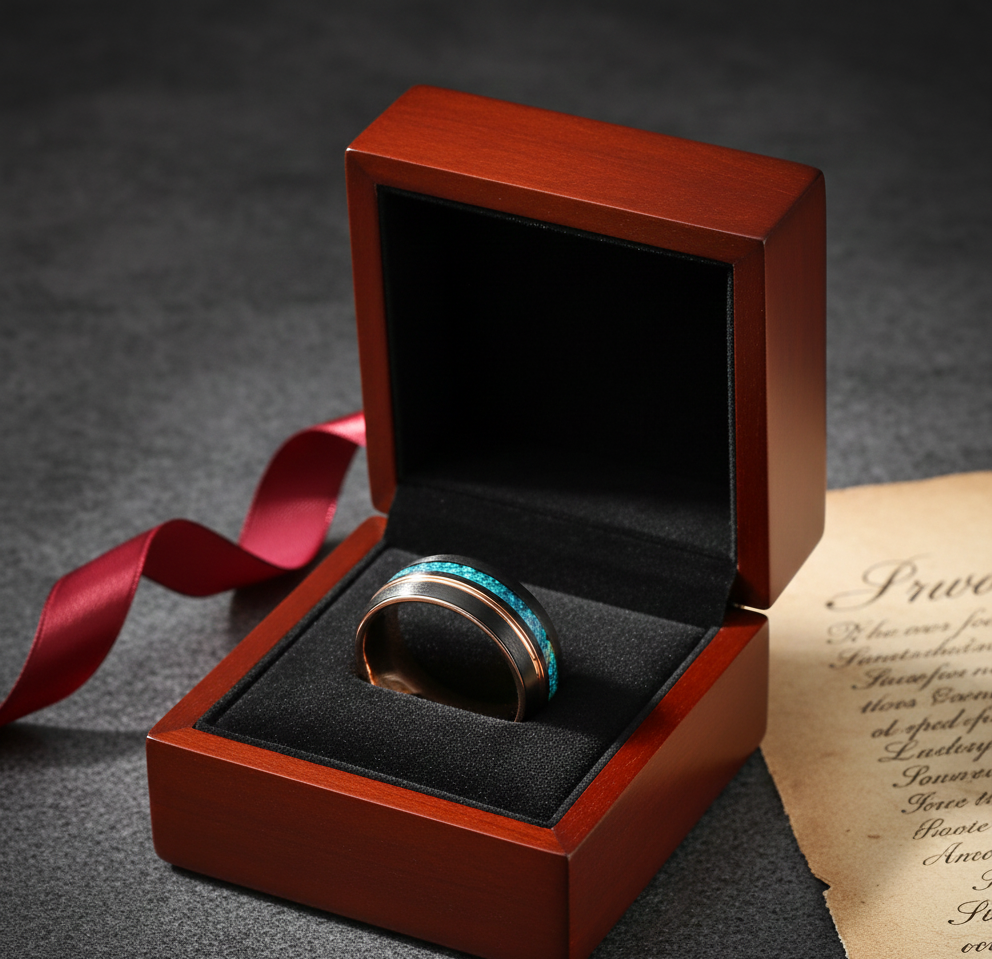 Eternal Tide Black & Rose Gold Plated Tungsten Ring with Opal Inlay