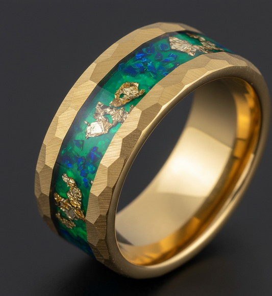 Gilded Legacy Gold Plated Tungsten Ring with Stone and Gold Leaf Inlay