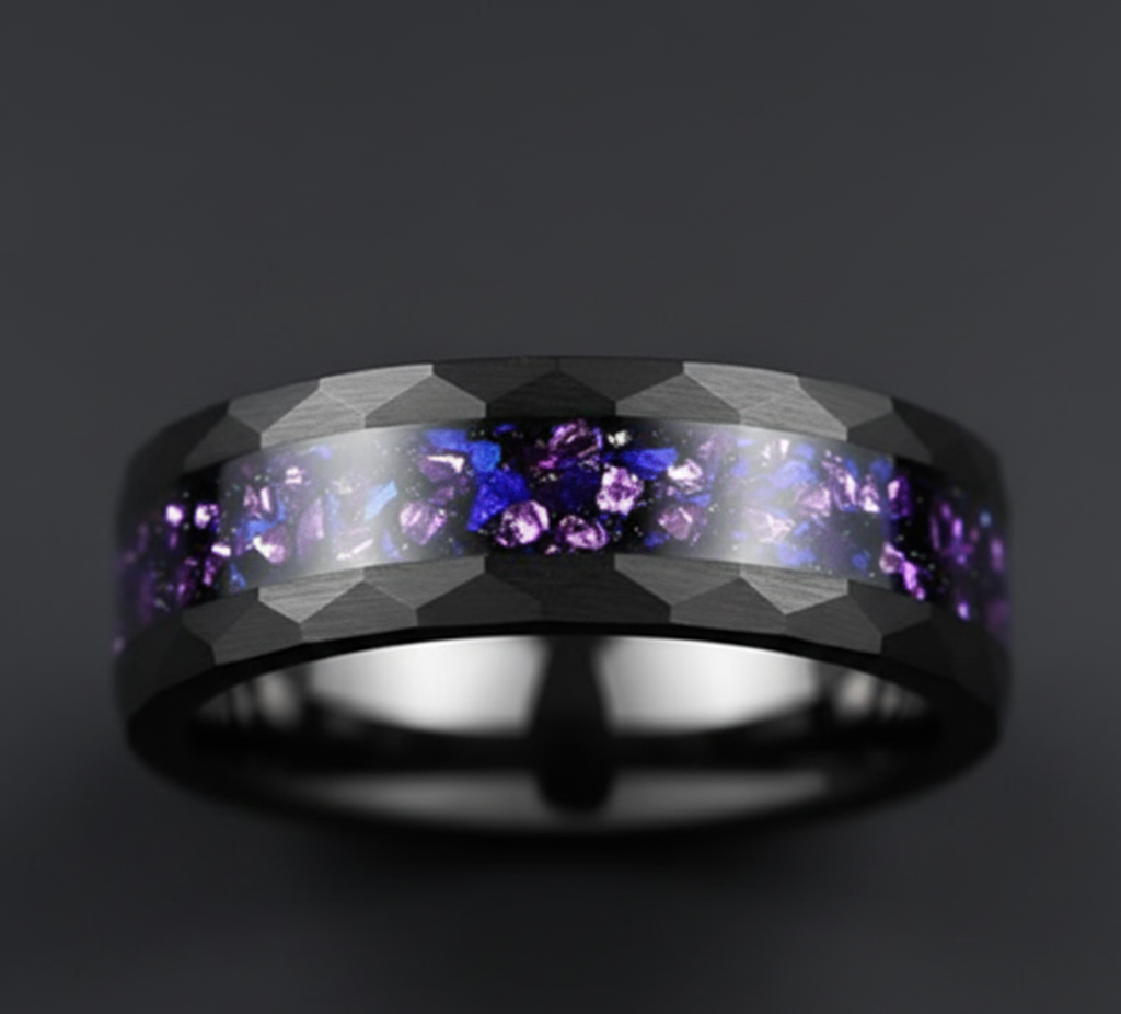 Obsidian Crown Hammered Black Tungsten Ring with Purple Alexandrite Inlay