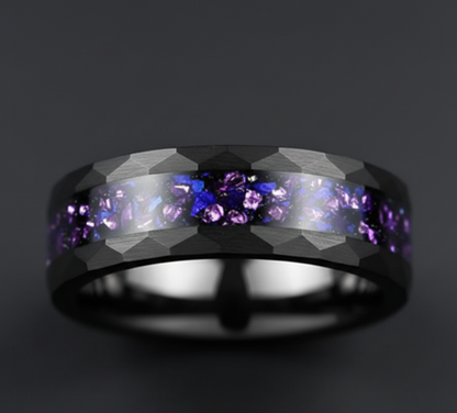 Obsidian Crown Hammered Black Tungsten Ring with Purple Alexandrite Inlay