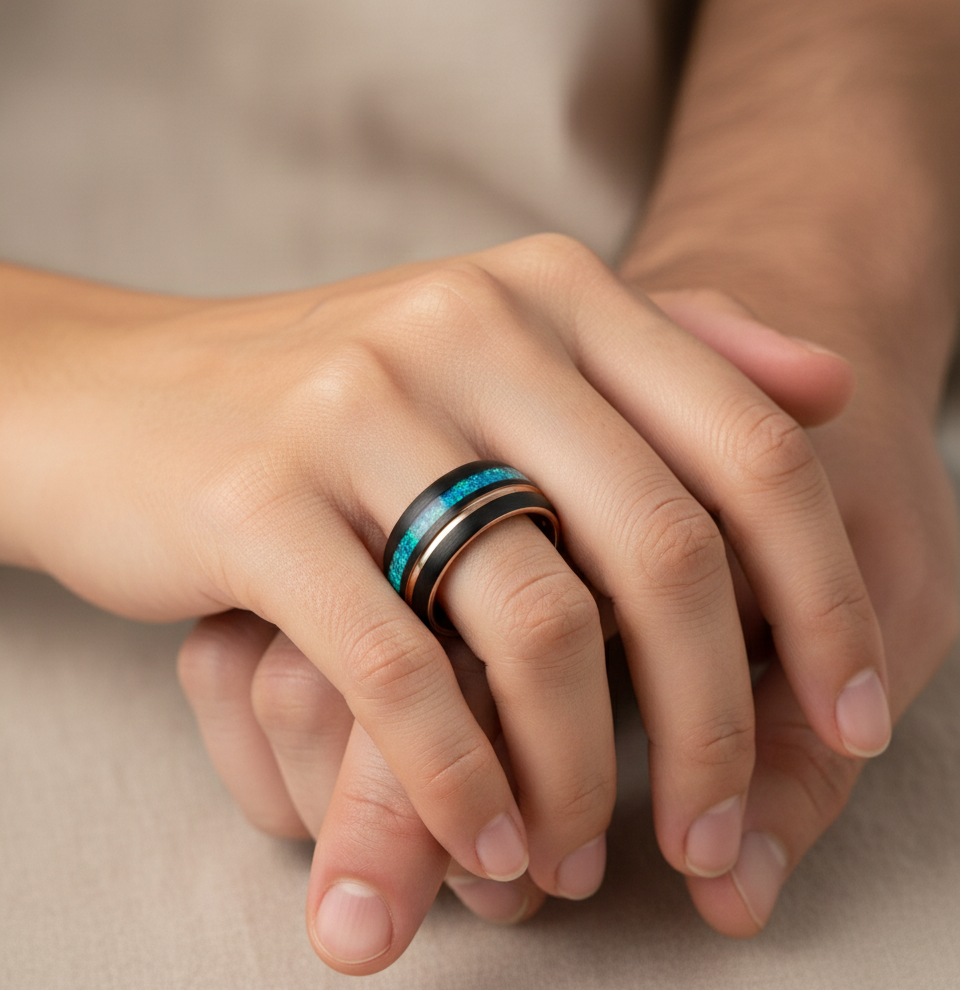 Eternal Tide Black & Rose Gold Plated Tungsten Ring with Opal Inlay