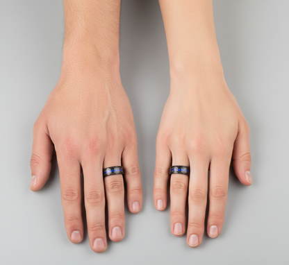 Cosmic Rift Hammered Black Tungsten Ring with Nebula Foil Inlay