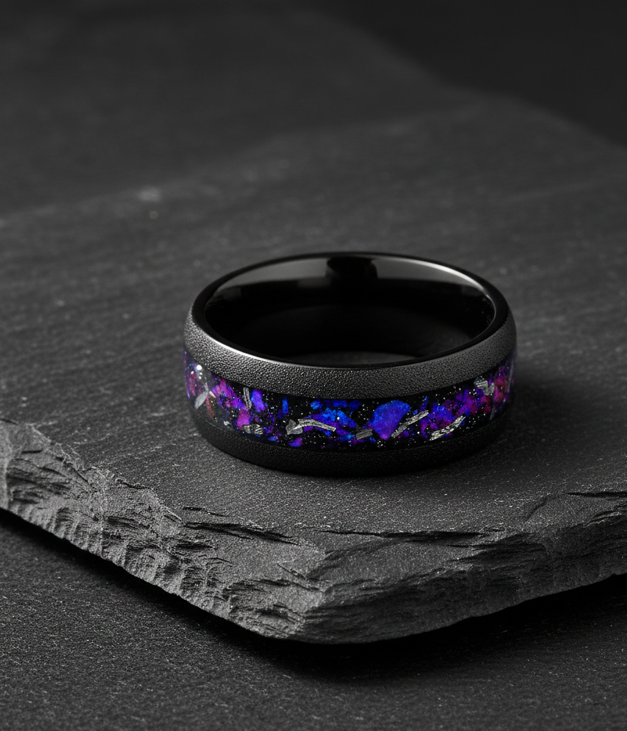 Void Nebula Sandblasted Black Tungsten Ring with Cosmic Nebula Inlay