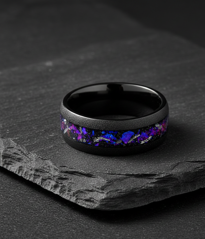 Void Nebula Sandblasted Black Tungsten Ring with Cosmic Nebula Inlay