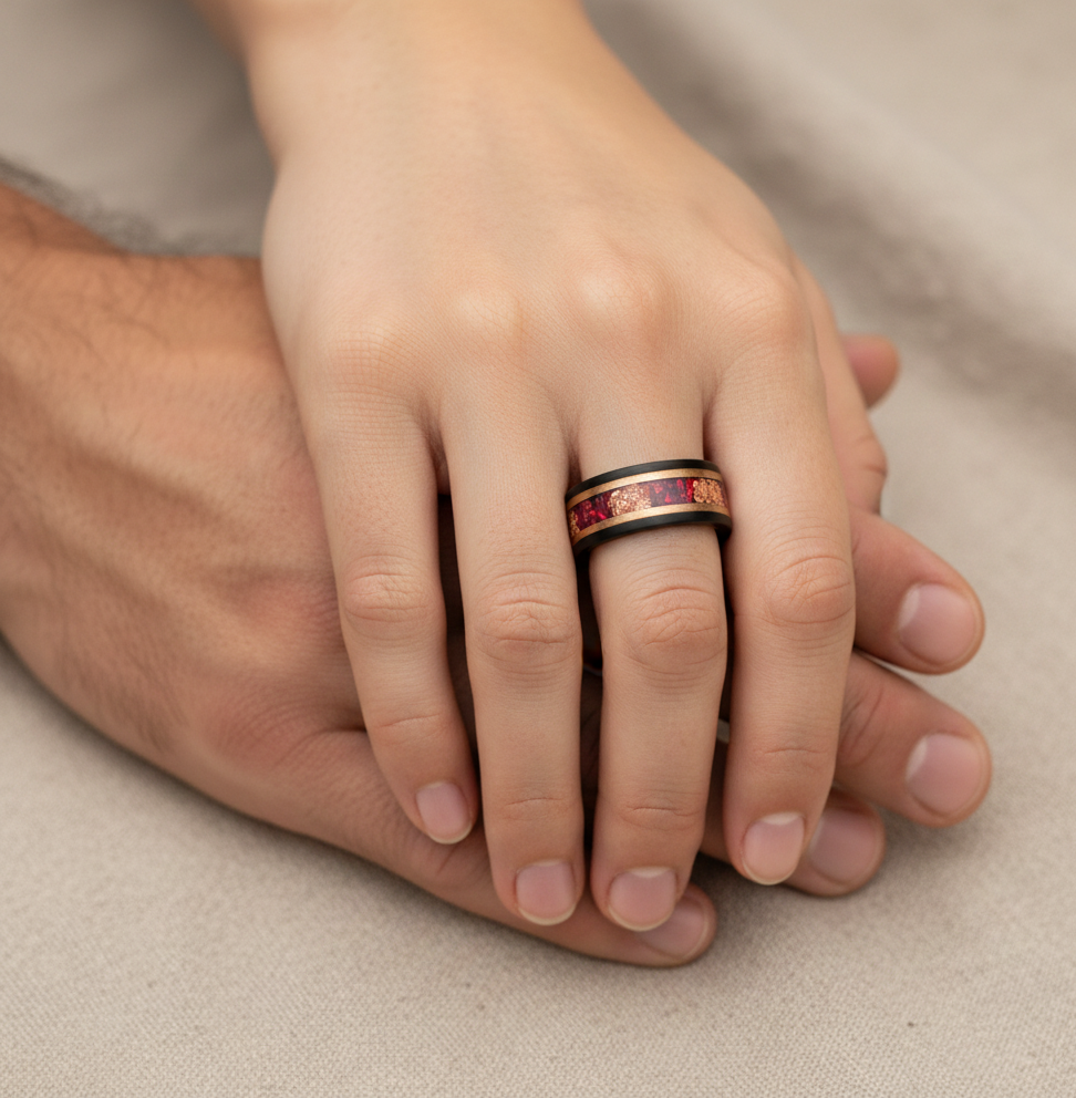 Eclipse Artisan Black & Rose Gold Tungsten Ring with Stone and Gold Leaf Inlay