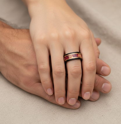 Eclipse Artisan Black & Rose Gold Tungsten Ring with Stone and Gold Leaf Inlay