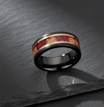 Eclipse Artisan Black & Rose Gold Tungsten Ring with Stone and Gold Leaf Inlay