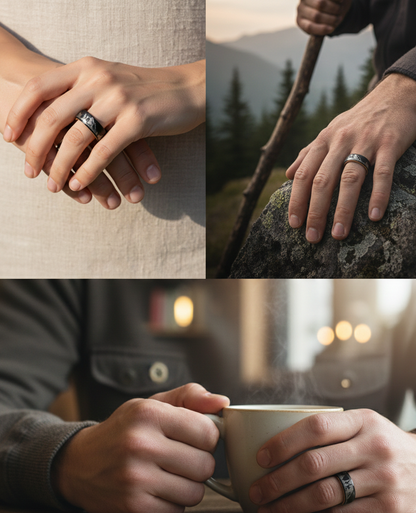 Mountain Tungsten Ring with Whiskey Barrel Wood Line