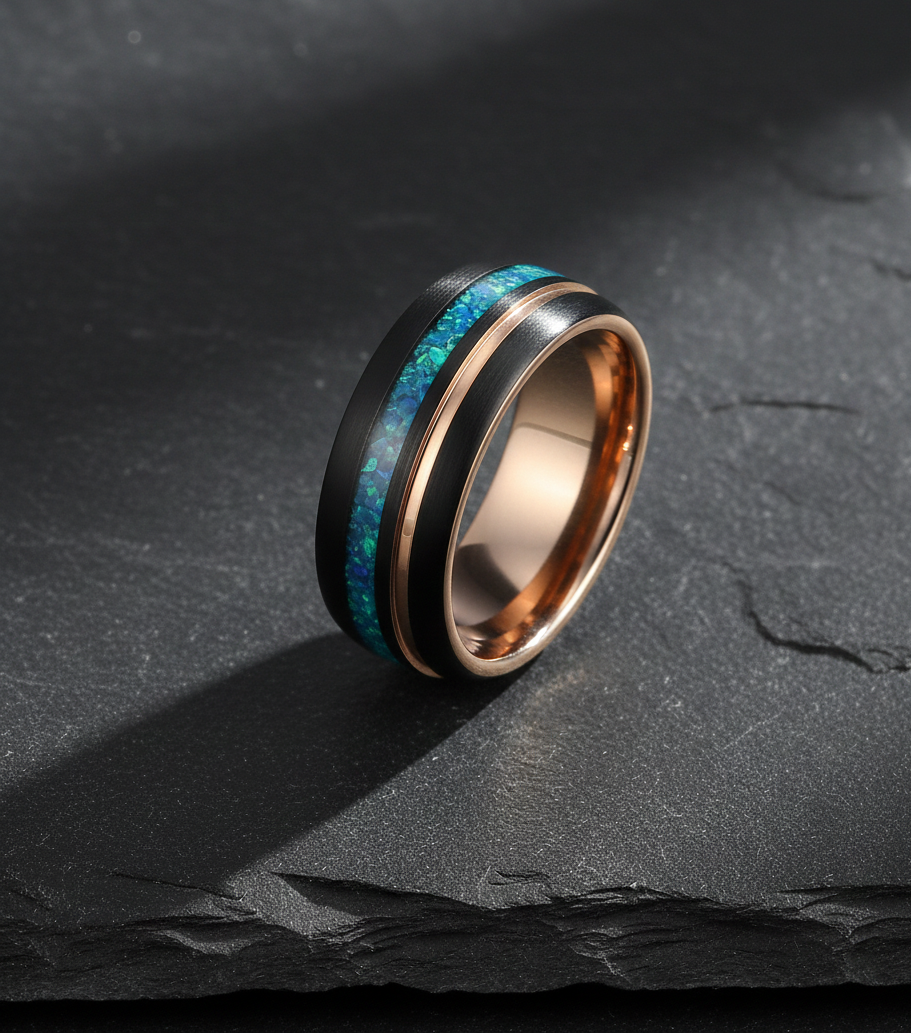 Eternal Tide Black & Rose Gold Plated Tungsten Ring with Opal Inlay
