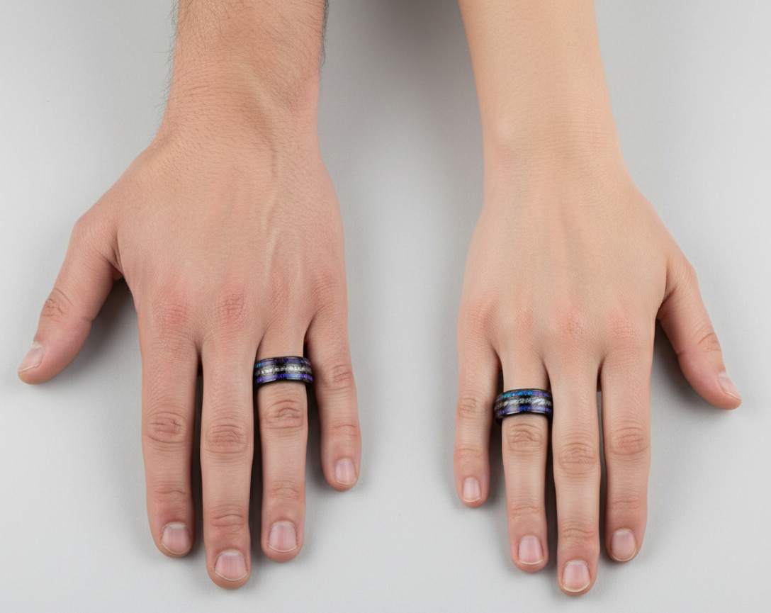 Celestial Dominion Gunmetal Tungsten Ring with Dual Nebula Galaxy Inlay and Meteorite Core