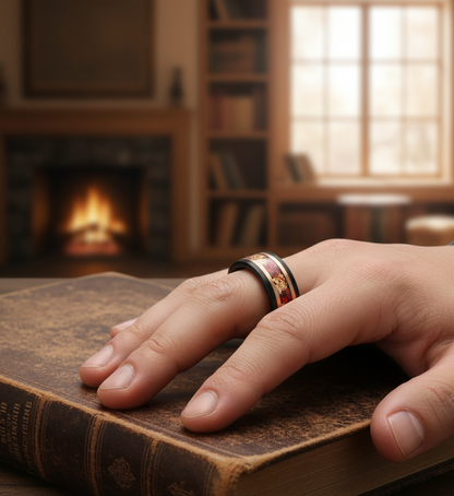 Eclipse Artisan Black & Rose Gold Tungsten Ring with Stone and Gold Leaf Inlay