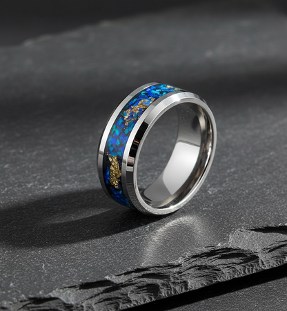 Aurora Gilded Opal Tungsten Ring with Gold Leaf Inlay