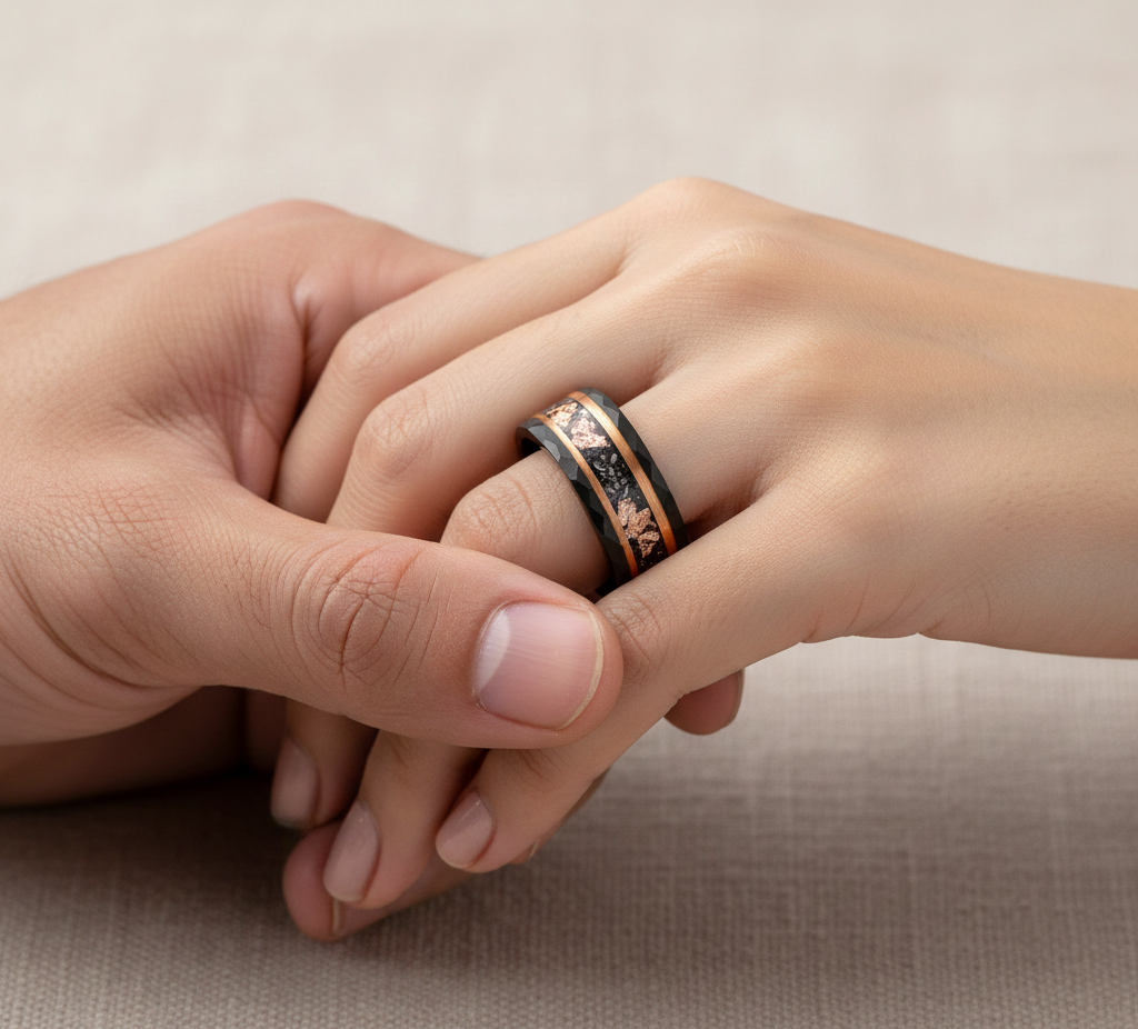 Eclipse Sovereign Black & Rose Gold Tungsten Ring with Meteorite and Rose Gold Leaf Inlay