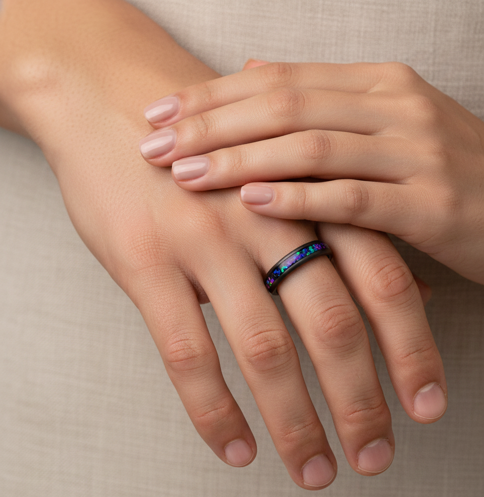 Midnight Aurora Black Plated Tungsten Ring with Alexandrite Inlay