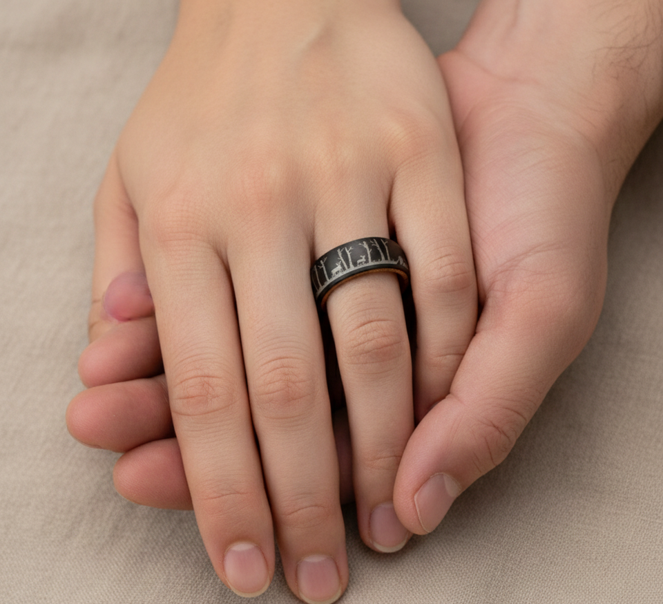 Nature Tungsten Ring with Whiskey Barrel Wood Liner