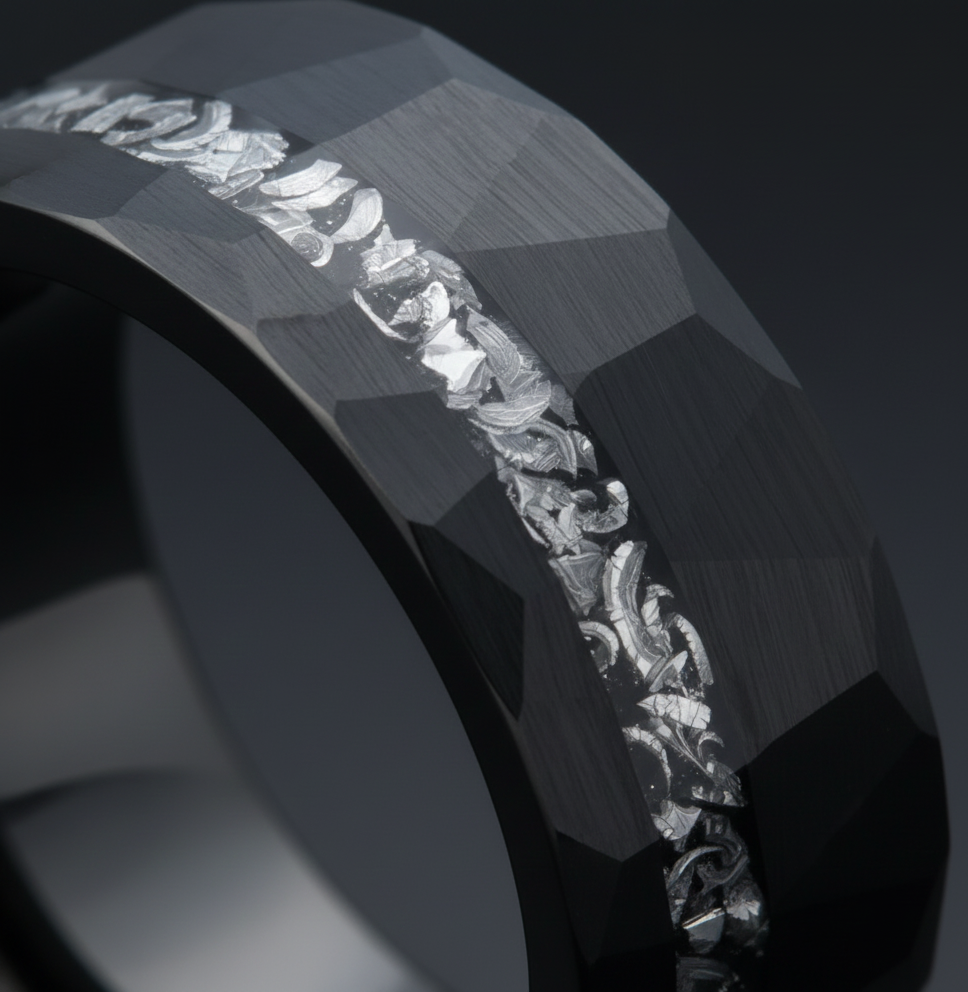 Obsidian Relic Black Tungsten Ring with Crushed Meteorite Inlay
