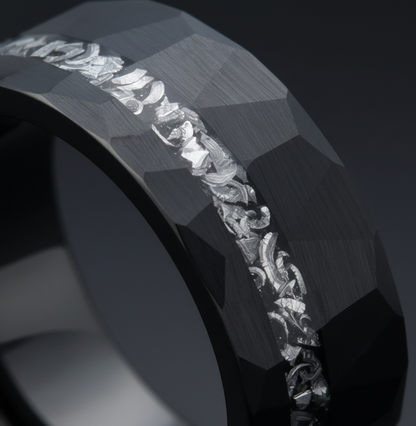 Obsidian Relic Black Tungsten Ring with Crushed Meteorite Inlay
