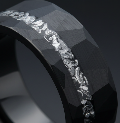 Obsidian Relic Black Tungsten Ring with Crushed Meteorite Inlay