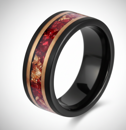 Eclipse Artisan Black & Rose Gold Tungsten Ring with Stone and Gold Leaf Inlay