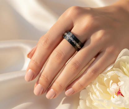 Obsidian Relic Black Tungsten Ring with Crushed Meteorite Inlay