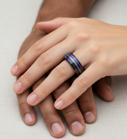 Celestial Dominion Gunmetal Tungsten Ring with Dual Nebula Galaxy Inlay and Meteorite Core