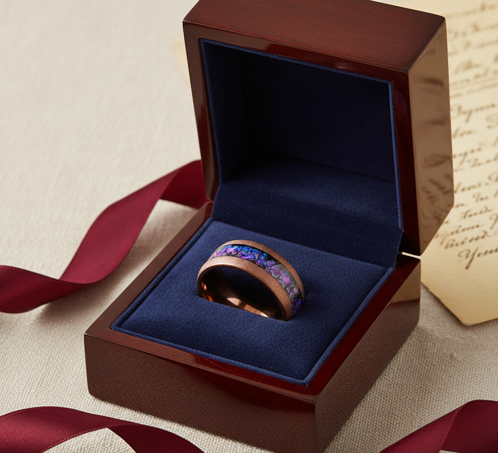 Cosmic Ember Sandblasted Coffee Tungsten Ring with Nebula Inlay