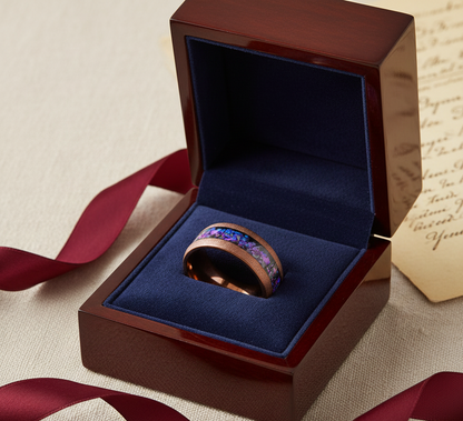 Cosmic Ember Sandblasted Coffee Tungsten Ring with Nebula Inlay