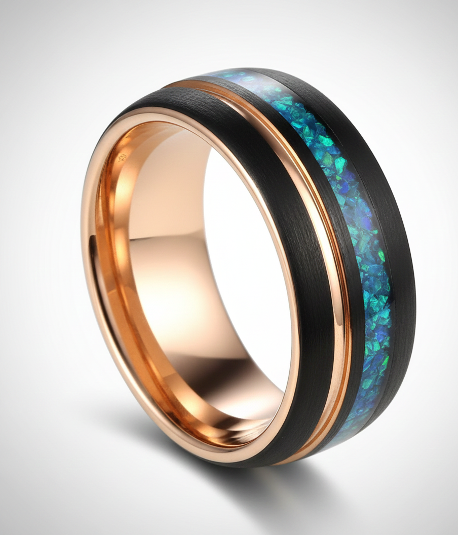 Eternal Tide Black & Rose Gold Plated Tungsten Ring with Opal Inlay
