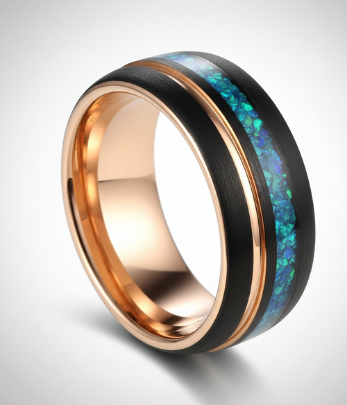 Eternal Tide Black & Rose Gold Plated Tungsten Ring with Opal Inlay