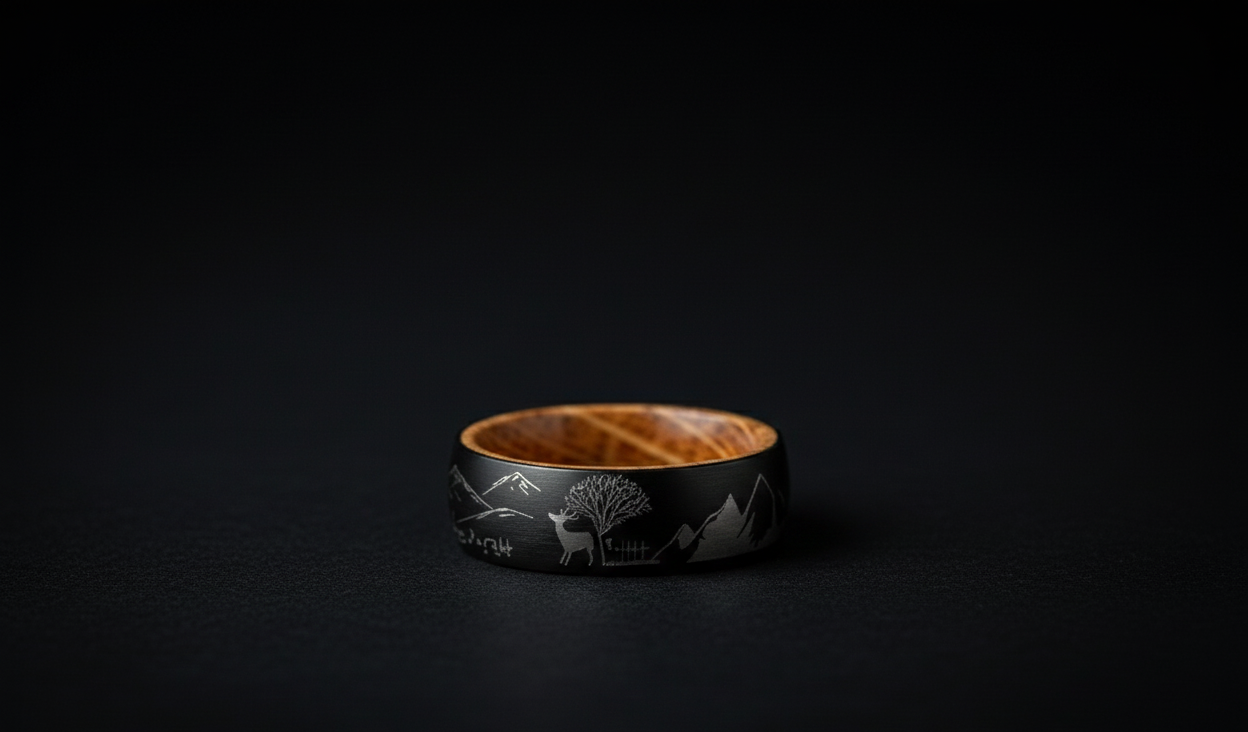 “Evergreen Summit” Black Tungsten Ring with Whiskey Barrel Wood Inlay and Deer & Mountain Engraving – 8 mm