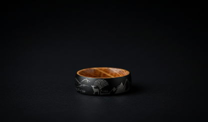“Evergreen Summit” Black Tungsten Ring with Whiskey Barrel Wood Inlay and Deer & Mountain Engraving – 8 mm