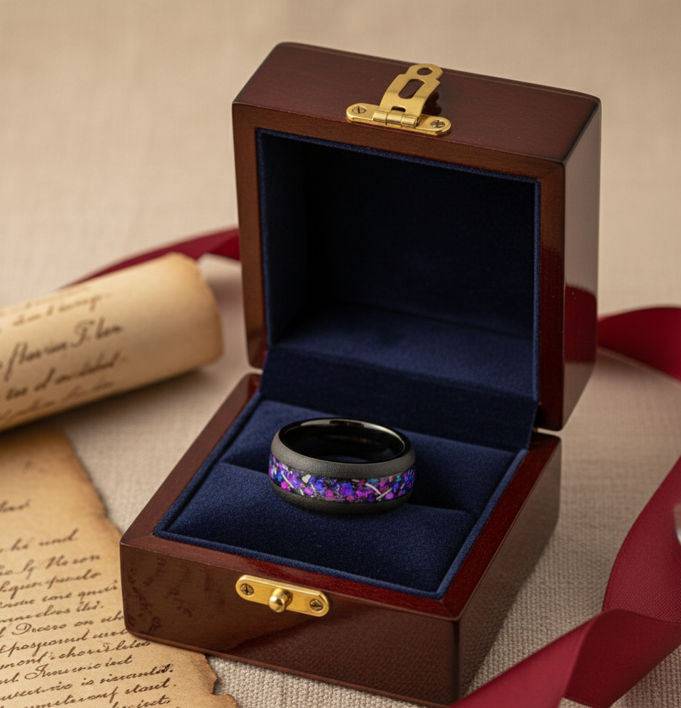 Void Nebula Sandblasted Black Tungsten Ring with Cosmic Nebula Inlay