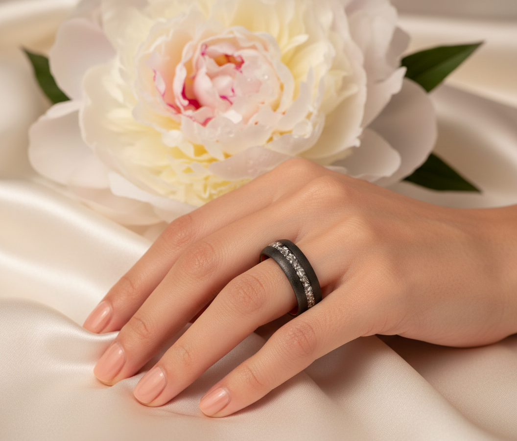 Celestial Forge Black & Rose Gold Tungsten Ring with Meteorite Shavings Inlay